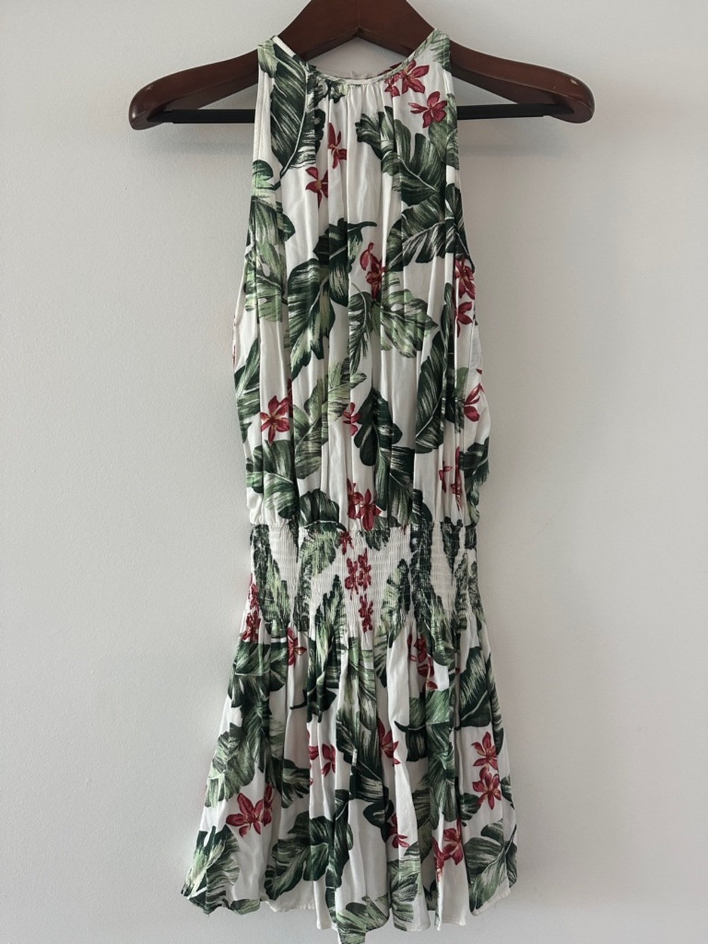 Mustard Seed White Halter Jumper with Green Leaf & Red Floral Print